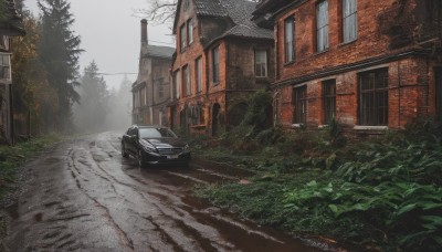 outdoors,sky,day,tree,dutch angle,no humans,window,grass,plant,ground vehicle,building,nature,scenery,motor vehicle,forest,car,road,bush,house,vehicle focus,street