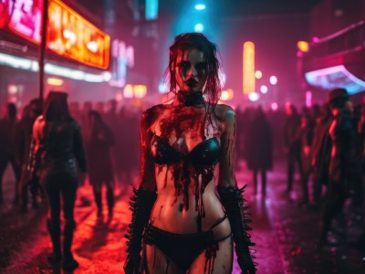 1girl,breasts,gloves,navel,cleavage,medium breasts,underwear,standing,swimsuit,weapon,bikini,outdoors,solo focus,choker,bra,blurry,blood,night,blurry background,black bikini,spikes,faceless,blood on face,blood on clothes,zombie,faceless female,crowd,neon lights,long hair,black hair,lips,front-tie top,facing viewer,city,mechanical arms,cyberpunk