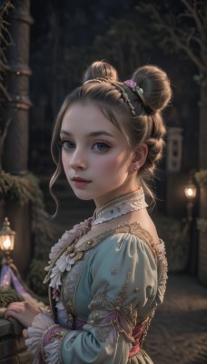 1girl,solo,looking at viewer,blue eyes,brown hair,hair ornament,long sleeves,dress,jewelry,closed mouth,upper body,flower,earrings,outdoors,frills,choker,puffy sleeves,hair flower,necklace,hair bun,blurry,black eyes,from side,tree,lips,looking to the side,grey eyes,eyelashes,double bun,makeup,night,depth of field,blurry background,blue dress,juliet sleeves,frilled sleeves,brooch,gem,freckles,lantern,realistic,nose,red lips,single hair bun,lace trim,lace