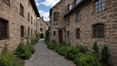 outdoors,sky,day,cloud,tree,blue sky,no humans,window,cloudy sky,grass,plant,building,scenery,stairs,door,road,bush,wall,house,brick wall,path,pavement