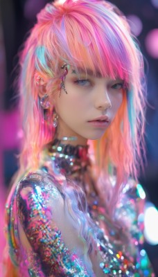 1girl,solo,long hair,breasts,looking at viewer,bangs,blue eyes,jewelry,blue hair,upper body,pink hair,multicolored hair,earrings,parted lips,blurry,from side,lips,looking to the side,grey eyes,tattoo,makeup,depth of field,blurry background,piercing,ear piercing,realistic,nose,colorful,blunt bangs,necklace,orange hair,eyelashes,turtleneck,gem,eyeshadow,bokeh,mascara,cyberpunk