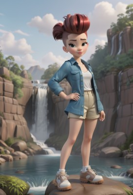 1girl,solo,breasts,looking at viewer,short hair,blue eyes,brown hair,shirt,long sleeves,closed mouth,standing,collarbone,jacket,full body,white shirt,red hair,small breasts,outdoors,open clothes,sky,shoes,shorts,day,socks,artist name,cloud,water,hair bun,open jacket,tree,blue sky,lips,hand on hip,short shorts,denim,blue jacket,sneakers,pocket,rock,breast pocket,brown shorts,river,waterfall,pompadour,cliff,denim jacket,smile,black eyes,grass,white socks,denim shorts,mohawk,stream