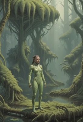 1girl,solo,long hair,brown hair,standing,outdoors,pointy ears,water,armor,tree,bodysuit,blood,nature,forest,monster,alien,gloves,signature,fingerless gloves,plant,scenery,science fiction,realistic,spacesuit