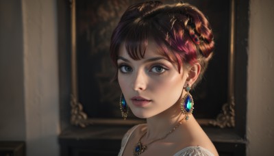 1girl,solo,looking at viewer,short hair,bangs,blue eyes,brown hair,hair ornament,dress,jewelry,earrings,parted lips,indoors,necklace,hair bun,blurry,lips,grey eyes,eyelashes,makeup,blurry background,gem,portrait,realistic,nose,portrait (object),collarbone,red hair,multicolored hair,gold,painting (object)