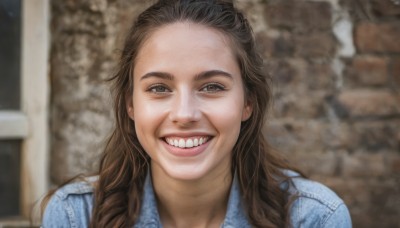 1girl,solo,long hair,looking at viewer,smile,open mouth,brown hair,shirt,1boy,brown eyes,male focus,teeth,grin,blurry,blurry background,traditional media,blue shirt,sharp teeth,portrait,forehead,realistic,horror (theme),real life insert,denim jacket,upper body,:d,depth of field,denim,brick wall