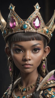 1girl,solo,long hair,looking at viewer,bangs,simple background,black hair,brown eyes,jewelry,closed mouth,braid,earrings,dark skin,blunt bangs,necklace,dark-skinned female,lips,eyelashes,makeup,feathers,crown,black background,gem,portrait,eyeshadow,freckles,realistic,brown hair,fur trim