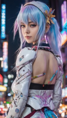 1girl,solo,long hair,breasts,looking at viewer,bangs,hair ornament,jewelry,blue hair,upper body,hairband,earrings,parted lips,looking back,artist name,from behind,blurry,lips,grey eyes,bodysuit,blurry background,back,science fiction,backless outfit,realistic,nose,cyberpunk,closed mouth,outdoors,armor,depth of field,arms behind back,bokeh