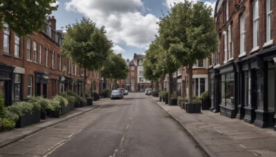 outdoors,sky,day,cloud,tree,blue sky,no humans,window,cloudy sky,plant,ground vehicle,building,scenery,motor vehicle,city,fence,car,road,bush,house,lamppost,street,pavement,crosswalk,sidewalk,utility pole