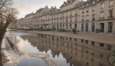 outdoors,sky,day,cloud,water,tree,no humans,window,grass,building,scenery,reflection,door,road,house,bridge,bare tree,river,town,reflective water