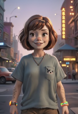 1girl,solo,looking at viewer,smile,short hair,bangs,brown hair,shirt,brown eyes,jewelry,standing,short sleeves,cowboy shot,outdoors,parted lips,shorts,teeth,pants,artist name,necklace,grin,blurry,flat chest,bracelet,lips,night,depth of field,blurry background,bob cut,thick eyebrows,ground vehicle,t-shirt,building,child,grey shirt,motor vehicle,freckles,watch,city,arms at sides,female child,car,wristwatch,road,lamppost,street,body freckles,solo focus,blue shirt,realistic,nose,brown shorts