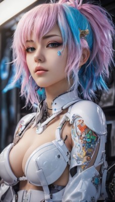 1girl,solo,breasts,looking at viewer,short hair,bangs,blue eyes,hair ornament,cleavage,medium breasts,blue hair,upper body,ponytail,pink hair,multicolored hair,parted lips,shiny,blurry,two-tone hair,lips,streaked hair,grey eyes,eyelashes,makeup,depth of field,blurry background,lipstick,eyeshadow,science fiction,realistic,nose,mascara,underwear,bra,armor,black eyes,facial mark,white bra,cyberpunk