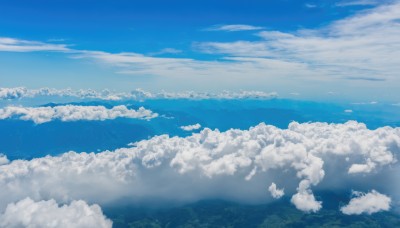 outdoors,sky,day,cloud,blue sky,no humans,cloudy sky,nature,scenery,blue theme,horizon,landscape,above clouds,monochrome,flying