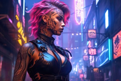 vi (league of legends),1girl,solo,breasts,short hair,cleavage,bare shoulders,jewelry,medium breasts,closed mouth,closed eyes,upper body,pink hair,earrings,outdoors,dark skin,blurry,from side,dark-skinned female,tattoo,profile,makeup,night,blurry background,piercing,city,nose,arm tattoo,undercut,facial tattoo,cyberpunk,neck tattoo,nose piercing,neon lights,alternate costume,lips,ear piercing