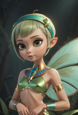 1girl,solo,breasts,looking at viewer,smile,short hair,bangs,blonde hair,hair ornament,navel,bare shoulders,jewelry,closed mouth,green eyes,upper body,ahoge,hairband,earrings,small breasts,outdoors,parted lips,green hair,wings,pointy ears,midriff,shiny,artist name,stomach,blurry,bracelet,covered nipples,lips,crop top,eyelashes,blurry background,swept bangs,gem,nature,armlet,forest,freckles,nose,fairy wings,fairy,bracer,butterfly wings,green hairband,green wings