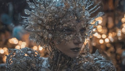 1girl,solo,looking at viewer,blue eyes,upper body,parted lips,blurry,lips,makeup,depth of field,blurry background,lipstick,portrait,science fiction,crystal,cyborg,bokeh,cyberpunk,black lips,smile,short hair,hair ornament,jewelry,closed mouth,grey hair,earrings,armor,looking to the side,grey eyes,eyelashes,looking away,shoulder armor,eyeshadow,pauldrons,headdress,red lips,mascara