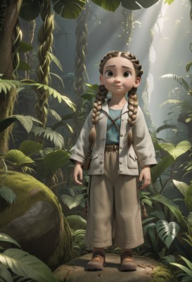 1girl,solo,long hair,looking at viewer,brown hair,shirt,long sleeves,twintails,brown eyes,closed mouth,standing,jacket,full body,braid,outdoors,open clothes,shoes,day,belt,pants,bag,twin braids,open jacket,tree,leaf,brown footwear,sunlight,white jacket,blue shirt,plant,child,nature,hair over shoulder,forest,light rays,rock,arms at sides,female child,grey pants,sunbeam,brown pants,smile,dress,vest,sandals,forehead