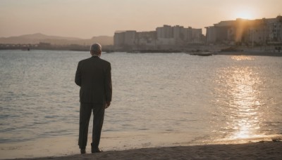 solo,short hair,shirt,black hair,long sleeves,1boy,standing,jacket,male focus,outdoors,sky,pants,water,from behind,black footwear,black jacket,ocean,beach,black pants,formal,suit,building,scenery,sunset,city,sand,sun,horizon,facing away,photo background,shore