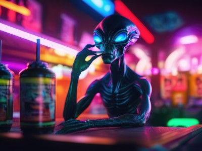 solo,blue eyes,1boy,upper body,male focus,blurry,cup,bodysuit,mask,blurry background,glowing,eating,table,glowing eyes,science fiction,drinking straw,city,disposable cup,superhero,alien,neon lights,looking at viewer,sitting,night,smoking,drinking,bar (place)