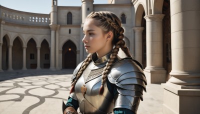 1girl,solo,long hair,blue eyes,brown hair,brown eyes,jewelry,upper body,braid,earrings,outdoors,day,necklace,armor,twin braids,lips,shoulder armor,pauldrons,breastplate,realistic,nose,pillar,knight,arch,column,chainmail,plate armor,closed mouth,piercing,sunlight,ear piercing,crown braid,shoulder pads,multiple braids