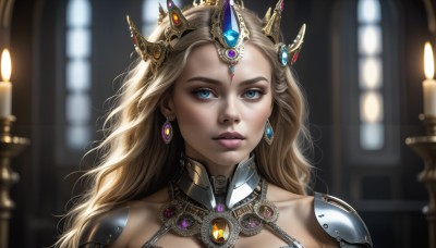 HQ,1girl,solo,long hair,looking at viewer,blue eyes,blonde hair,jewelry,closed mouth,collarbone,earrings,indoors,armor,blurry,lips,makeup,depth of field,blurry background,watermark,tiara,crown,shoulder armor,gem,portrait,pauldrons,realistic,nose,candle,shoulder pads,hair ornament