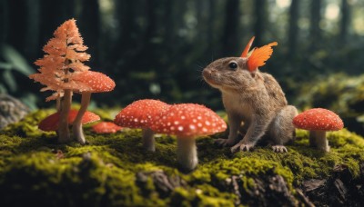 outdoors,day,blurry,black eyes,tree,no humans,depth of field,blurry background,animal,leaf,grass,nature,scenery,forest,realistic,mushroom,animal focus,whiskers,moss,sunlight