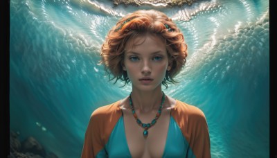 1girl,solo,breasts,looking at viewer,short hair,blue eyes,blonde hair,hair ornament,dress,cleavage,jewelry,medium breasts,collarbone,upper body,earrings,water,necklace,orange hair,lips,gem,underwater,realistic,nose,pearl necklace,coral,brown hair,parted lips,teeth,curly hair