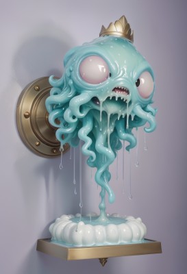 solo,open mouth,simple background,teeth,grey background,black eyes,no humans,saliva,shadow,crown,sharp teeth,tentacles,monster,shield,tentacle hair,dripping,slime (substance),looking at viewer,artist name,wet,watermark,creature,extra eyes,slime (creature),treasure chest