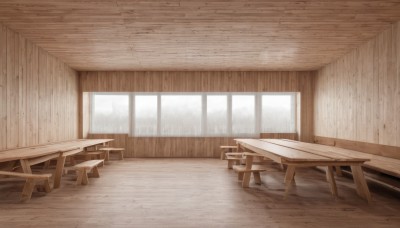 outdoors,day,indoors,tree,no humans,window,chair,table,sunlight,scenery,rain,wooden floor,bench,wooden wall,wooden table,wood,wooden chair,monochrome