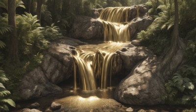 outdoors,day,water,tree,no humans,leaf,sunlight,grass,plant,nature,scenery,forest,rock,bush,dappled sunlight,waterfall,moss,stone,artist name,signature,river,stream