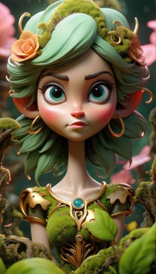 1girl,solo,looking at viewer,blush,short hair,hair ornament,dress,jewelry,green eyes,collarbone,upper body,flower,short sleeves,earrings,green hair,pointy ears,artist name,hair flower,blurry,lips,eyelashes,depth of field,blurry background,rose,leaf,plant,freckles,green dress,hoop earrings,vines,blue eyes,hairband,aqua eyes,gem