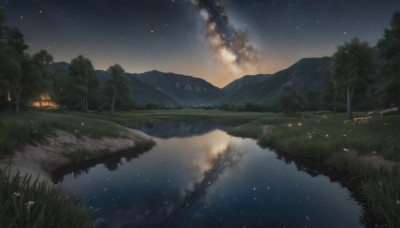 outdoors,sky,cloud,water,tree,no humans,night,grass,fire,star (sky),nature,night sky,scenery,forest,smoke,starry sky,reflection,mountain,river,lake,burning,campfire,flower,road,house,landscape,mountainous horizon,reflective water,milky way