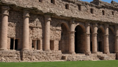 outdoors,sky,day,blue sky,no humans,traditional media,grass,scenery,ruins,pillar,arch,column,rock,wall,architecture,statue,stone