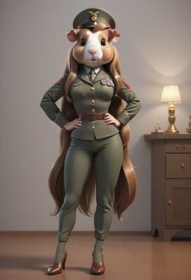 1girl,solo,long hair,breasts,looking at viewer,large breasts,brown hair,shirt,long sleeves,hat,animal ears,medium breasts,very long hair,closed mouth,standing,jacket,full body,necktie,collared shirt,belt,pants,indoors,uniform,high heels,military,military uniform,animal,brown footwear,peaked cap,black necktie,furry,pocket,hands on hips,military hat,green jacket,green headwear,furry female,brown belt,lamp,breast pocket,military jacket,green pants,world war ii,clothed animal,white shirt,artist name,black eyes,shadow,watermark,red footwear,epaulettes,grey jacket,grey pants