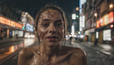 1girl,solo,looking at viewer,brown hair,black hair,bare shoulders,brown eyes,collarbone,upper body,nude,outdoors,parted lips,dark skin,blurry,black eyes,dark-skinned female,lips,wet,night,depth of field,blurry background,building,portrait,freckles,city,realistic,road,wet hair,street,very dark skin,smile,short hair,jewelry,earrings,ground vehicle,night sky,motor vehicle,rain,car,city lights