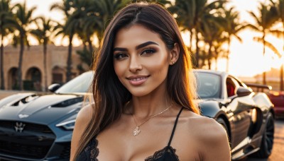 1girl,solo,long hair,breasts,looking at viewer,smile,large breasts,brown hair,black hair,cleavage,brown eyes,jewelry,medium breasts,underwear,collarbone,upper body,earrings,outdoors,teeth,dark skin,necklace,bra,blurry,dark-skinned female,tree,lips,makeup,depth of field,blurry background,thick eyebrows,ground vehicle,black bra,lace,motor vehicle,eyeshadow,realistic,nose,palm tree,car,vehicle focus,dress,bare shoulders,parted lips,grin,lace trim,photo background,sports car