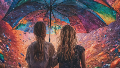 long hair, multiple girls, blonde hair, brown hair, shirt, long sleeves, 1boy, holding, 2girls, upper body, ponytail, short sleeves, outdoors, sky, from behind, holding hands, umbrella, rain, water drop, holding umbrella, facing away, colorful, shared umbrella