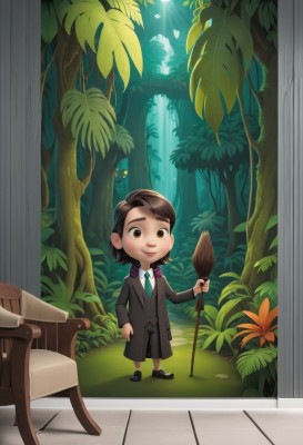 1girl,solo,looking at viewer,smile,short hair,brown hair,shirt,long sleeves,1boy,holding,brown eyes,school uniform,standing,flower,male focus,outdoors,necktie,day,chibi,black footwear,tree,headphones,leaf,chair,formal,table,sunlight,suit,bug,plant,child,nature,forest,light rays,blue necktie,hogwarts school uniform,black hair,shoes,staff,holding staff