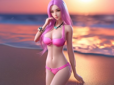 1girl,solo,long hair,breasts,looking at viewer,smile,large breasts,navel,cleavage,bare shoulders,brown eyes,jewelry,medium breasts,standing,swimsuit,pink hair,purple hair,bikini,cowboy shot,outdoors,parted lips,artist name,hand up,water,necklace,stomach,nail polish,blurry,bracelet,lips,makeup,blurry background,ocean,beach,arm at side,sunset,sand,pink bikini,sky,side-tie bikini bottom,bird,realistic