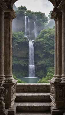 outdoors,sky,day,cloud,water,tree,no humans,sunlight,nature,scenery,forest,stairs,pillar,waterfall,arch,column,fountain,architecture,statue,landscape