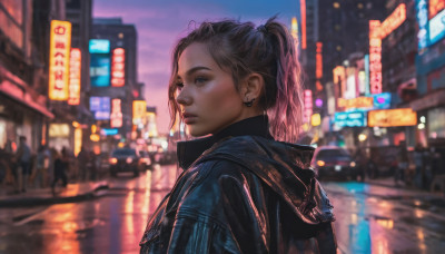 1girl, solo, long hair, brown hair, jewelry, jacket, upper body, ponytail, earrings, outdoors, hood, blurry, lips, night, depth of field, blurry background, hood down, city, realistic, nose, road, street, neon lights