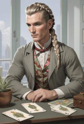 solo,long hair,looking at viewer,blue eyes,blonde hair,brown hair,shirt,long sleeves,1boy,bow,jewelry,sitting,closed mouth,jacket,white shirt,upper body,braid,male focus,multicolored hair,open clothes,day,collared shirt,indoors,bowtie,vest,open jacket,grey eyes,window,single braid,buttons,formal,table,ring,own hands together,suit,plant,hair over shoulder,brown jacket,city,realistic,card,grey jacket,nose,potted plant,manly,playing card,lapels,scar,floral print,scar on face,money