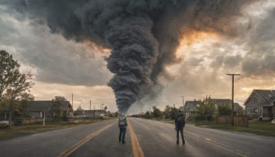 outdoors, multiple boys, sky, pants, cloud, bag, tree, cloudy sky, ground vehicle, building, scenery, motor vehicle, smoke, walking, car, road, house, power lines, street, utility pole