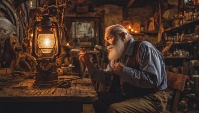 solo,shirt,long sleeves,1boy,holding,sitting,white hair,male focus,pants,indoors,blurry,vest,from side,cup,depth of field,facial hair,chair,table,bottle,beard,mustache,smoking,lamp,candle,brown pants,old,smoking pipe,old man,bar (place),cigar,steampunk,gloves,jewelry,grey hair,profile,blurry background,fire,brown gloves,smoke,lantern,realistic,bald,jar,holding smoking pipe