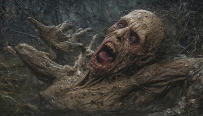 solo,open mouth,1boy,male focus,teeth,no humans,monster,realistic,bald,alien,silk,spider web,horror (theme),spider,upper body,tongue,black eyes,tree,blood,outstretched arms,nature,zombie