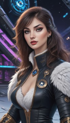 1girl,solo,long hair,breasts,looking at viewer,large breasts,brown hair,hair ornament,cleavage,brown eyes,jewelry,medium breasts,upper body,earrings,parted lips,necklace,lips,fur trim,eyelashes,bodysuit,makeup,lipstick,gem,eyeshadow,zipper,realistic,nose,red lips,eyeliner,bangs,green eyes,weapon,artist name,signature,freckles,science fiction