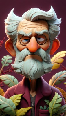 solo,looking at viewer,blue eyes,shirt,1boy,jacket,upper body,flower,white hair,grey hair,male focus,glasses,gradient,gradient background,facial hair,leaf,plant,portrait,beard,red jacket,zipper,purple background,round eyewear,mustache,old,old man,artist name,blurry