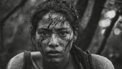 1girl,solo,looking at viewer,short hair,bangs,bare shoulders,closed mouth,monochrome,greyscale,blurry,blood,depth of field,blurry background,tank top,messy hair,portrait,injury,blood on face,realistic,dirty,dirty face,1boy,male focus,facial hair