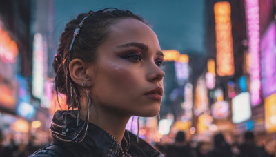 1girl, solo, short hair, brown hair, black hair, jewelry, earrings, outdoors, dark skin, blurry, dark-skinned female, lips, night, blurry background, city, realistic, nose