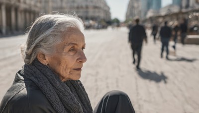 solo,blue eyes,1boy,upper body,white hair,grey hair,male focus,outdoors,solo focus,day,scarf,blurry,from side,coat,profile,depth of field,blurry background,realistic,black scarf,old,old man,photo background,old woman,wrinkled skin,1girl,smile,jewelry,closed mouth,earrings,pants,lips,black pants