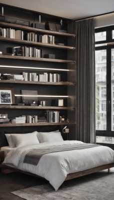 day,indoors,pillow,book,no humans,window,bed,on bed,chair,table,plant,curtains,building,scenery,wooden floor,clock,bookshelf,potted plant,lamp,photo (object),bedroom,shelf,cabinet,tree,couch,rain